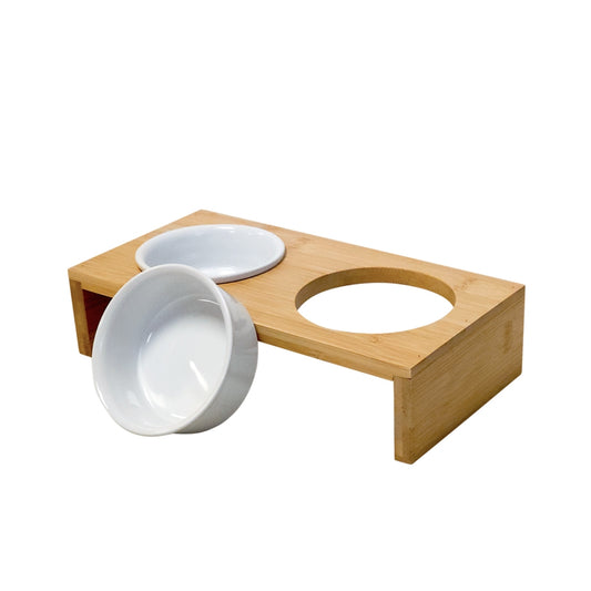 Futterbar ,,Ilus" - Doppelnapf aus Bambus mit Keramiknäpfen