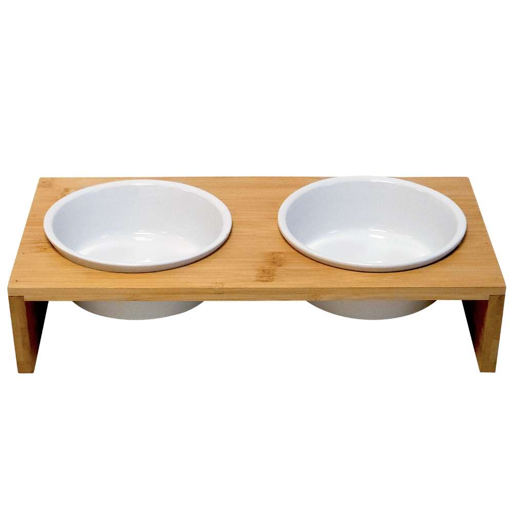 Futterbar ,,Ilus" - Doppelnapf aus Bambus mit Keramiknäpfen